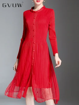 GVUW נשים אלגנטי מוצק צבע קפלים שמלה לעמוד צווארון יחיד בעלות שרוול ארוך 2023 סתיו נשי ביגוד אופנתי 17J0179